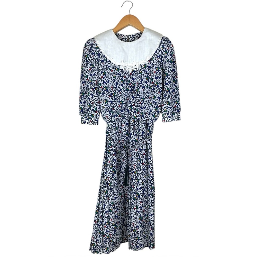 Vintage 80s Breli Originals Floral Belted Collar Pleated Dress Womens 10 Cottage